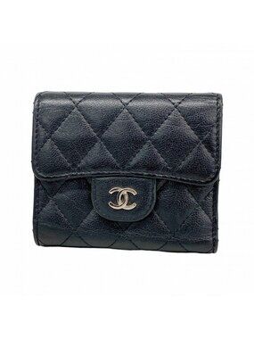 Chanel Trifold Wallet Quilted Caviar Leather Black Silver